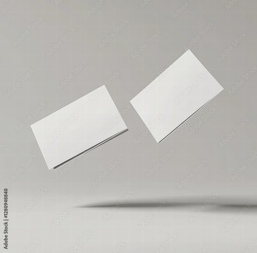 Two white business cards are floating in the air Two white business cards are floating in the air
