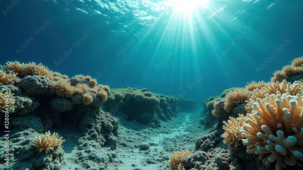 Obraz premium Underwater view of coral reef affected by bleaching with sunlight above 