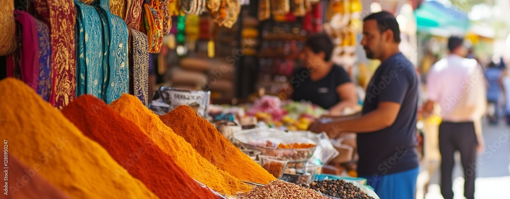 Obraz premium Cultural diversity international marketplace with diverse vendors, spices, textiles, and people engaging in lively cultural exchange