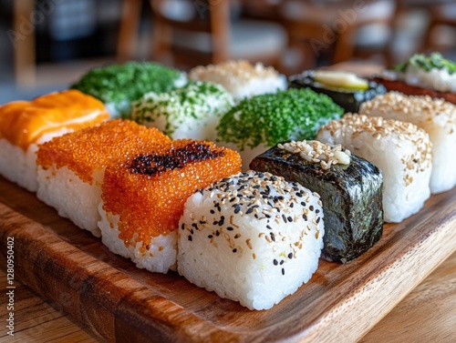 Close-up of Freshly Made Onigiri with Different Fillings on a Wooden Plate photo