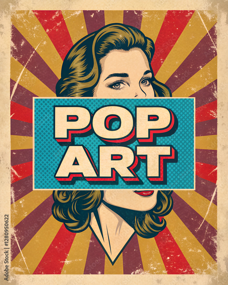 Obraz premium Pop art illustration featuring a woman's face with bold colors and text 