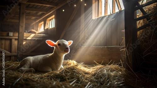 Cute Little Lamb in Sunny Warm Cozy Barn in Brown and Beige Tones, Rustic Farm Atmosphere Concept