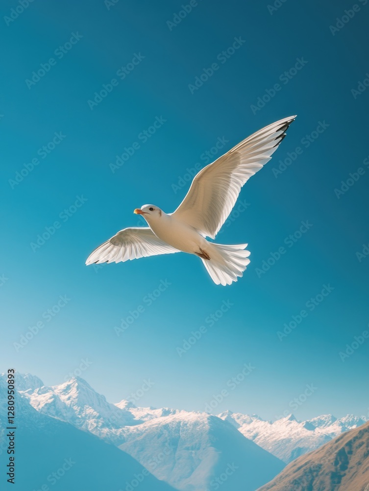 Bird in flight against stunning backdrop of snowy mountain range on clear day. Bird in flight against stunning backdrop of snowy mountain range on clear day.
