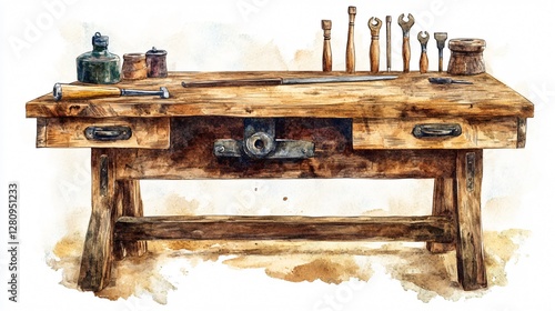 Antique Woodworking Bench Watercolor Painting