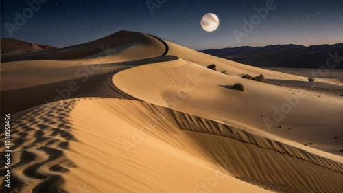 Night Desert Sandscape with Slow Movement Across Rolling Dunes