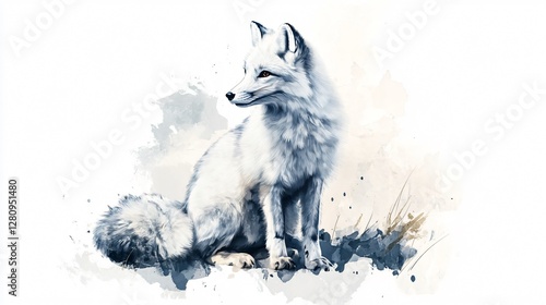 Watercolor Arctic Fox on White Background