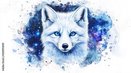 Watercolor Painting of an Arctic Fox with Blue Eyes