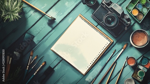 Artistic Workspace: Watercolor Image of a Painter's Palette and Tools