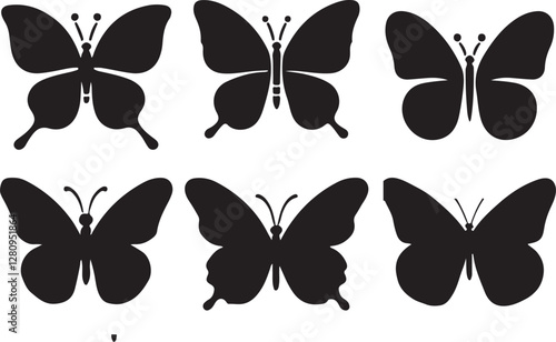 Simple flat silhouette butterflies illustration.
Black butterflies collection. Silhouettes, vector isolated on white background.