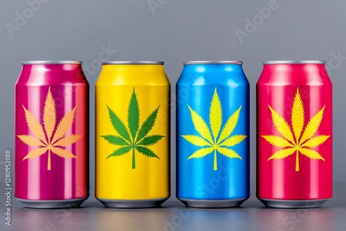 Collection of beverage cans with a cannabis theme