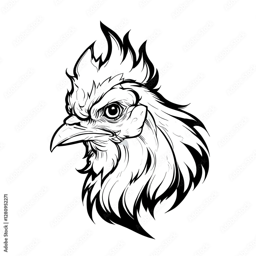Majestic Rooster Head: A Black and White Ink Illustration Majestic Rooster Head: A Black and White Ink Illustration