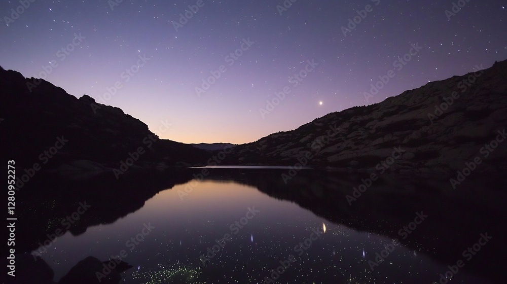 Serene lake under a starlit sky reflecting celestial wonders on calm waters Serene lake under a starlit sky reflecting celestial wonders on calm waters