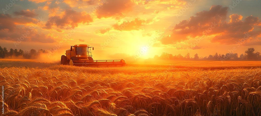 Fototapeta premium Sunset Wheat Harvesting with Combine Harvester in Golden Field design, Summer Agriculture Scene, Rural Farm Landscape design,