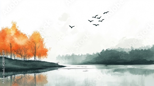 Watercolor Autumn Landscape with Trees and Foliage