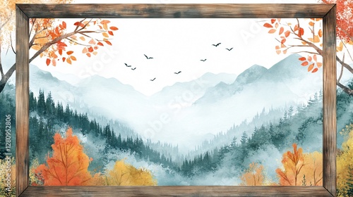 Watercolor Autumn Mountain Landscape Painting