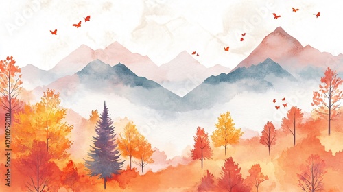 Watercolor Autumn Mountain Landscape Painting