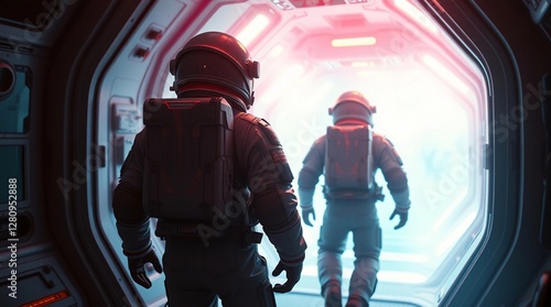 Astronauts walking inside futuristic spaceship with soft lighting and sci-fi atmosphere