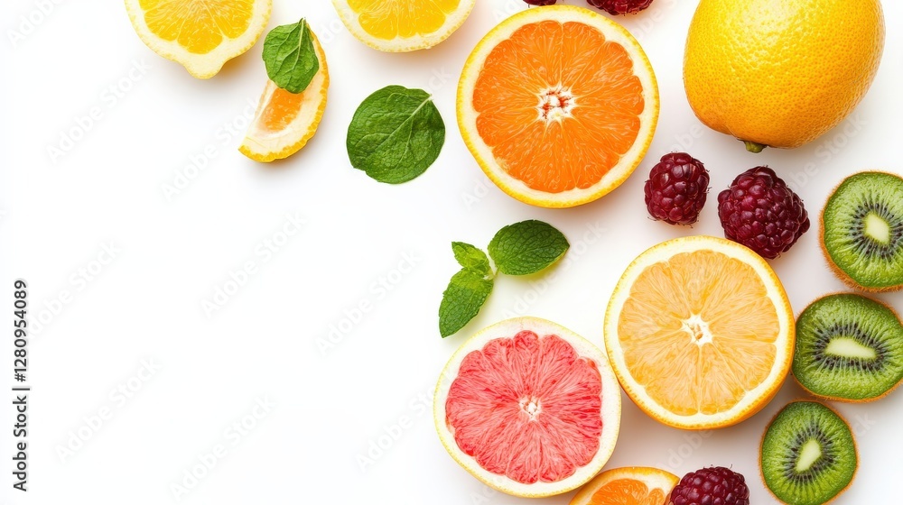 Colorful Fresh Fruits on Isolated Background with Natural Vitamins Colorful Fresh Fruits on Isolated Background with Natural Vitamins