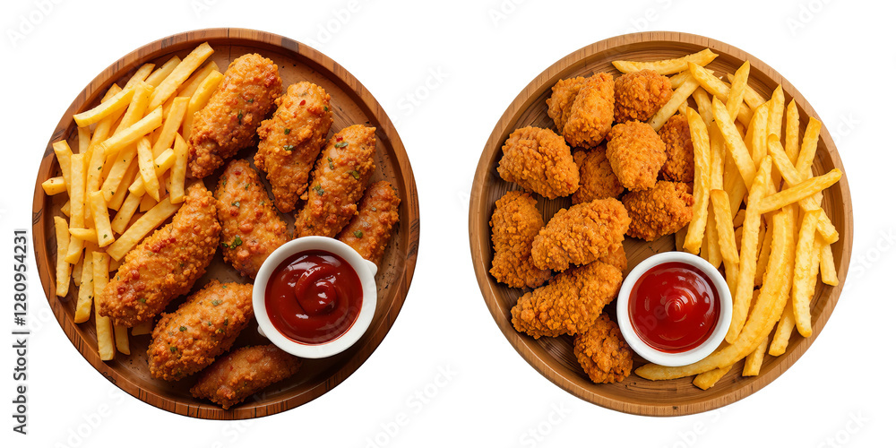 A serving of golden crispy chicken tenders with freshly cooked French fries and a side of ketchup A serving of golden crispy chicken tenders with freshly cooked French fries and a side of ketchup