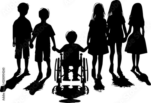 silhouettes of people in different poses and disabled child