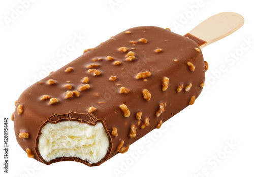 Fotografie Isolated Bitten Ice Cream Bar with Chocolate Coating and Almonds