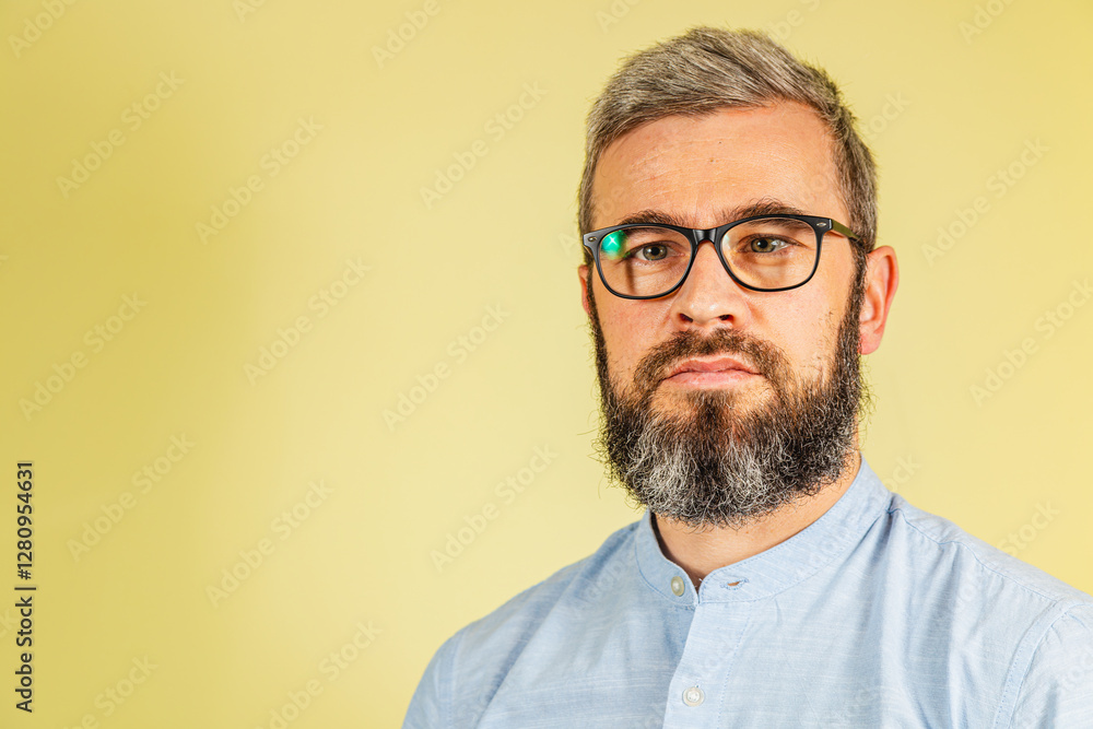 Man with glasses and beard poses against a yellow background Man with glasses and beard poses against a yellow background