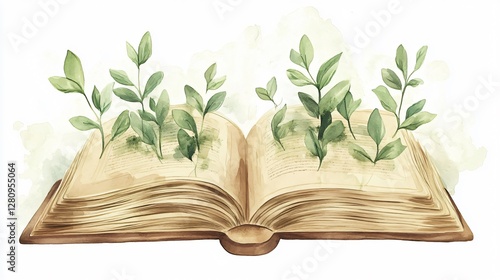 Antique Open Book Watercolor Painting in Green