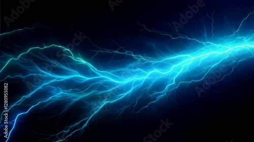 Bright Blue Lightning Strike on a Black Background, Electric Discharge and Glowing Energy in Darkness