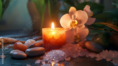 Relaxing atmosphere created by a glowing candle and blooming orchid surrounded by stones and crystals