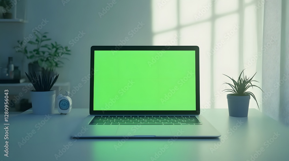 A laptop with a green screen on a desk beside plants and a clock in a bright room. A laptop with a green screen on a desk beside plants and a clock in a bright room.