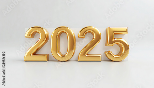Gold 2025 3d rendering on white background, 2025 number for happy new year, gold 3d 2025 text. Idea for holiday greetings, banner, social media, flyer, website. celebration. Anniversary. festive