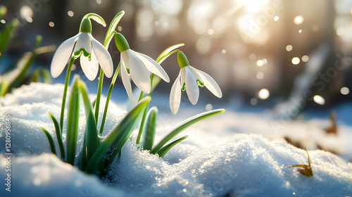 Snowdrops bloom through the melting snow as winter transitions to spring in a serene landscape