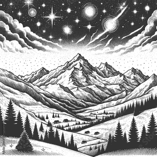 mountain range beneath a starry night sky with a crescent moon and shooting stars. Dreamlike and serene scene sketch engraving generative ai vector illustration. Scratch board. Black and white image.