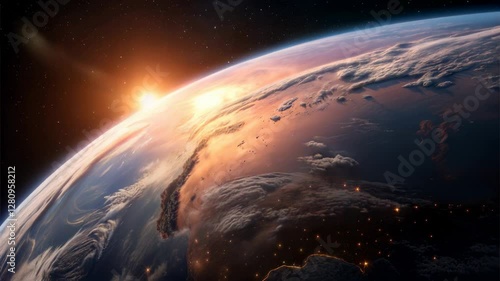 View of Earth from Space with Floating Clouds Against the Dark Cosmic Background