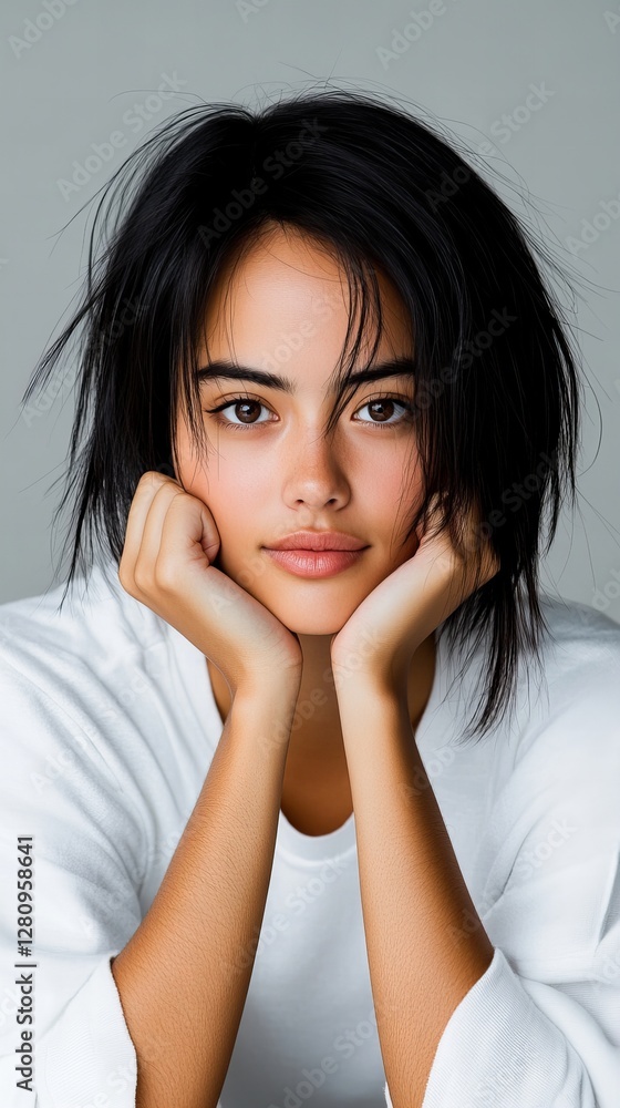 Young Asian woman with dark hair, rests her chin in her hands, wearing a white shirt. A pensive mood. Young Asian woman with dark hair, rests her chin in her hands, wearing a white shirt. A pensive mood.