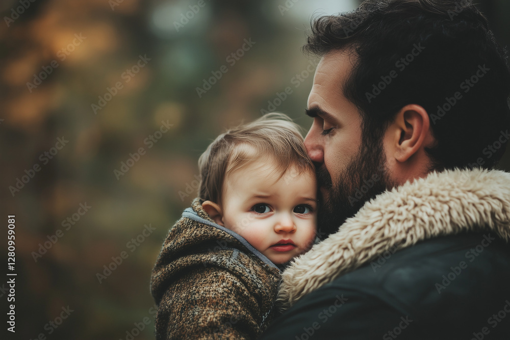Fototapeta premium The father hugged and kissed the lovely child