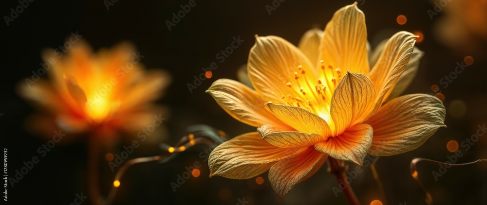 Glowing golden flowers on a black background, illuminated petals with ethereal light, delicate floral composition with mystical atmosphere, luminous golden-yellow blooms with soft glowing effect Glowing golden flowers on a black background, illuminated petals with ethereal light, delicate floral composition with mystical atmosphere, luminous golden-yellow blooms with soft glowing effect