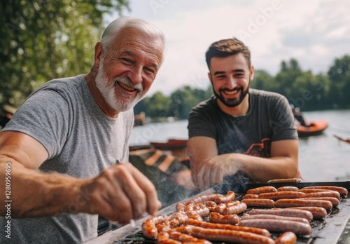 Old man with grey hair and short beard grilling sausages on the barbecue next to his son, smiling at camera, river in background, family summer party vibe, vibrant colors, daylight. Happy Father's Day