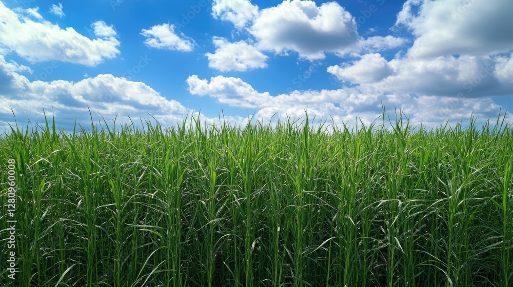 Natural scenery of a farmland with tall green crops, under a partly cloudy blue sky. Natural scenery of a farmland with tall green crops, under a partly cloudy blue sky.