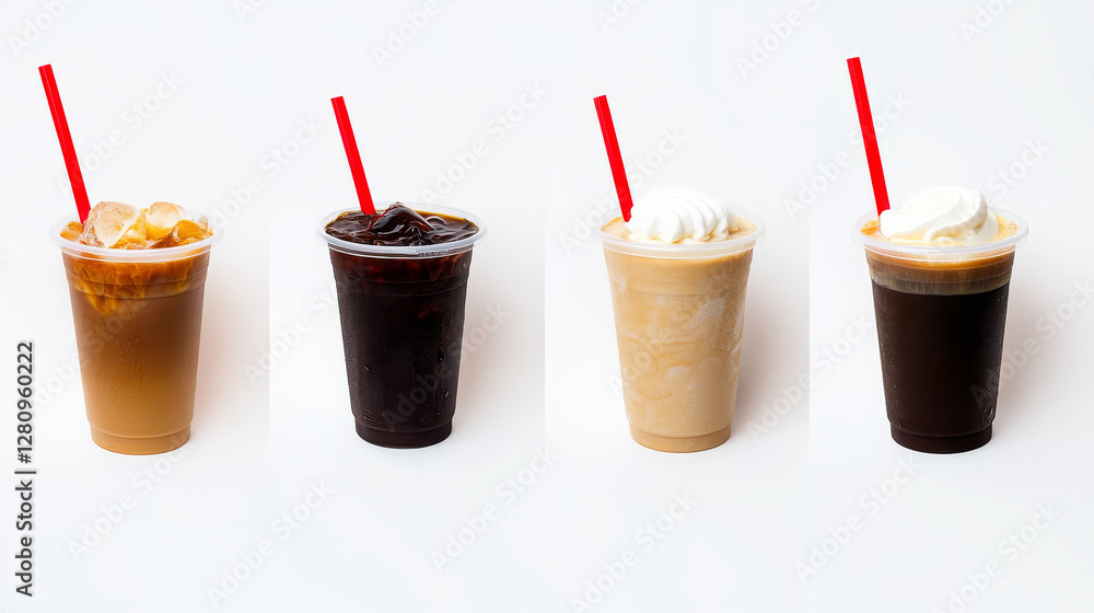 Iced coffee varieties are displayed in clear cups, each featuring distinct toppings and colors. The drinks include iced caramel, dark roast, cream topped beverages, showcasing refreshing options Iced coffee varieties are displayed in clear cups, each featuring distinct toppings and colors. The drinks include iced caramel, dark roast, cream topped beverages, showcasing refreshing options