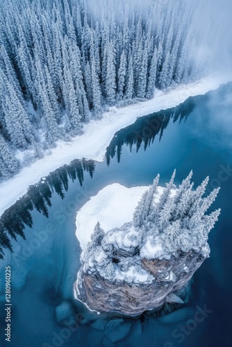 Frozen river surrounded by snow-covered trees. photo