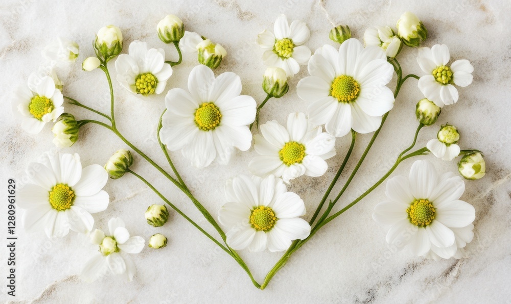 Obraz premium Heart-shaped arrangement of white flowers on a marble surface, creating a serene and romantic atmosphere