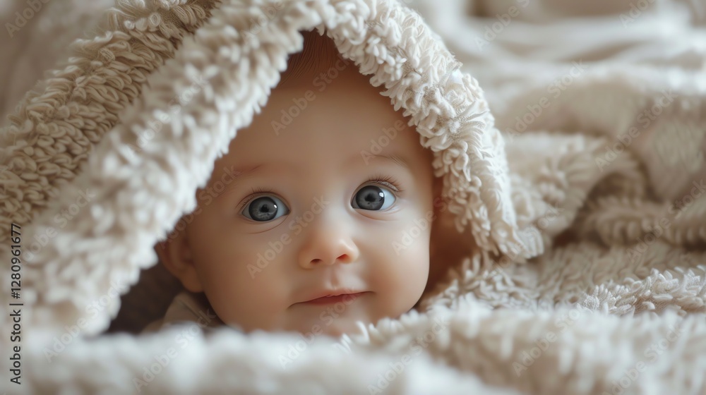 A baby with big blue eyes smiles while wrapped in a towel. A baby with big blue eyes smiles while wrapped in a towel.