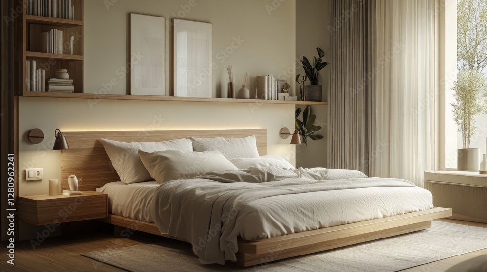 A modern scandinavian styled bedroom with a neutral color palette and a functional layout. A modern scandinavian styled bedroom with a neutral color palette and a functional layout.