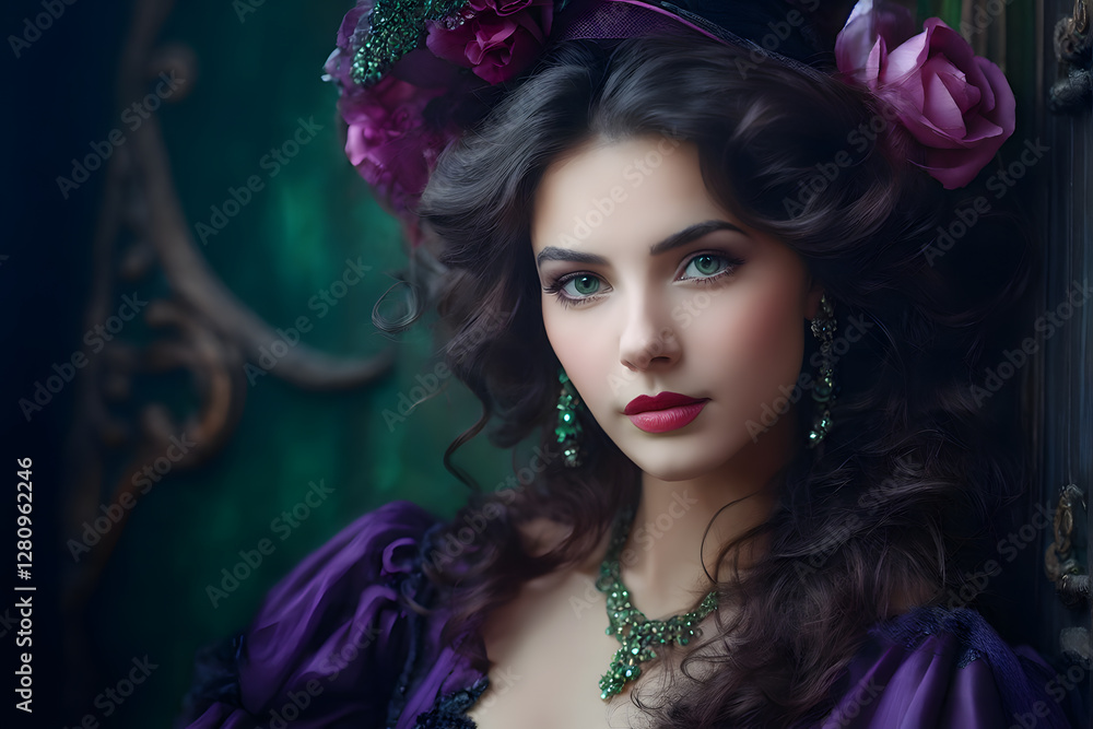 Naklejka premium A woman with long dark hair and purple dress is wearing a flowery hat