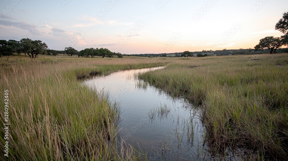 Serene rural creek at sunset, tranquil countryside landscape, perfect for nature lover's prints Serene rural creek at sunset, tranquil countryside landscape, perfect for nature lover's prints
