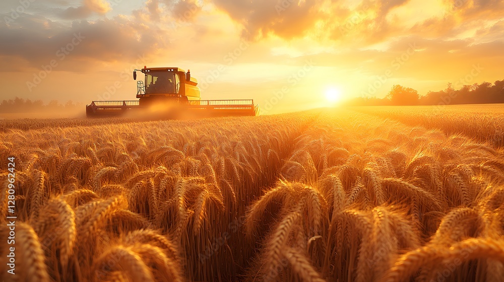 Fototapeta premium Sunset Wheat Harvesting with Combine Harvester in Golden Field design, Summer Agriculture Scene, Rural Farm Landscape design,