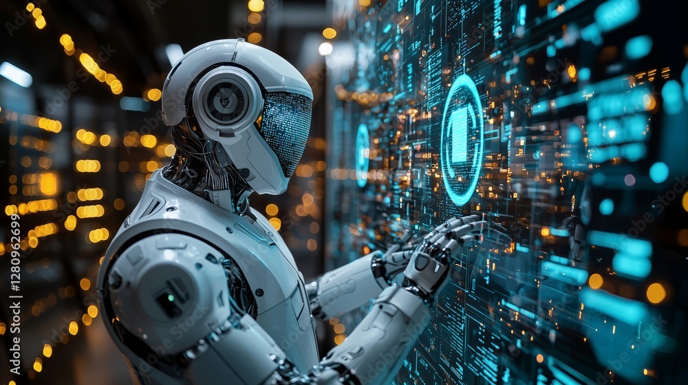 Advanced humanoid robot interacting with a futuristic digital security interface, representing AI-driven cybersecurity and data protection. Advanced humanoid robot interacting with a futuristic digital security interface, representing AI-driven cybersecurity and data protection.