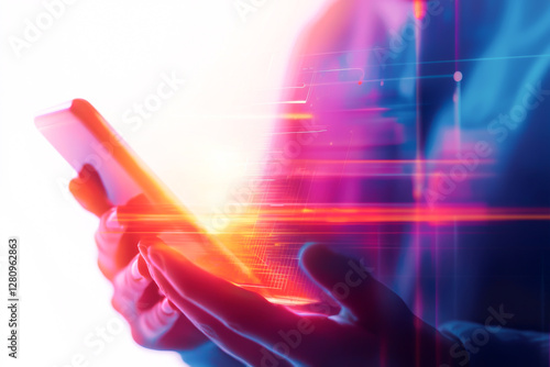 Abstract representation of smartphone interaction with vibrant light trails.