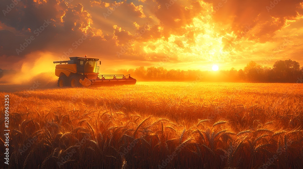 Fototapeta premium Sunset Wheat Harvesting with Combine Harvester in Golden Field design, Summer Agriculture Scene, Rural Farm Landscape design,
